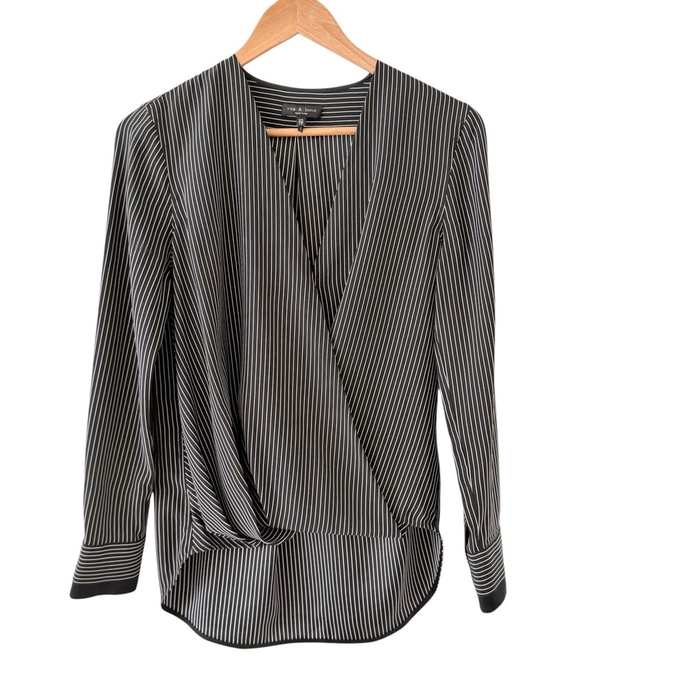 Rag & Bone Victor Silk Stripe Wrap Tunic Top Womens XS Black Drape Front Career